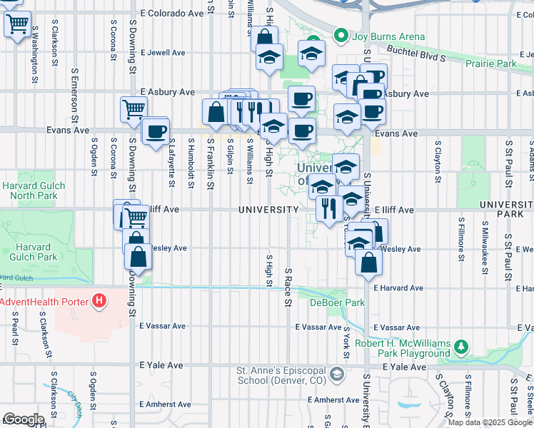 map of restaurants, bars, coffee shops, grocery stores, and more near in Denver
