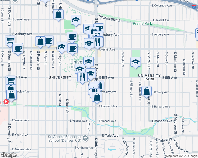 map of restaurants, bars, coffee shops, grocery stores, and more near in Denver