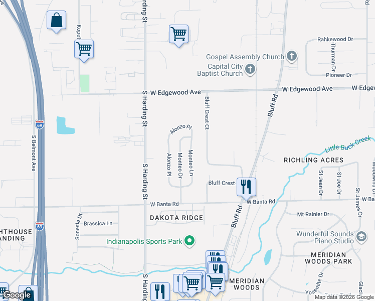 map of restaurants, bars, coffee shops, grocery stores, and more near 6221 Monteo Drive in Indianapolis
