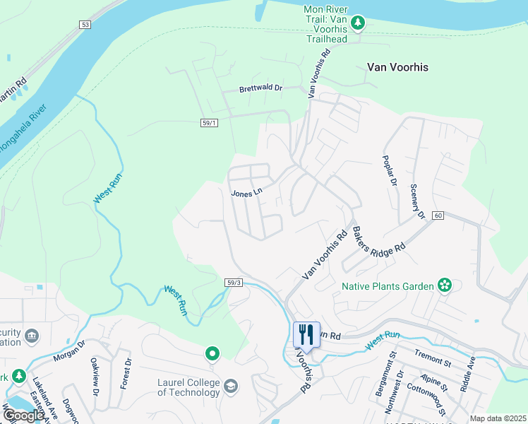 map of restaurants, bars, coffee shops, grocery stores, and more near 453 Independence Hills Village in Morgantown
