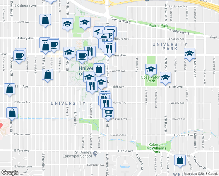 map of restaurants, bars, coffee shops, grocery stores, and more near in Denver
