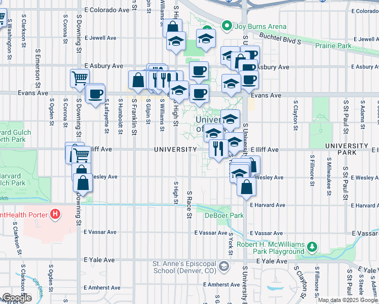 map of restaurants, bars, coffee shops, grocery stores, and more near 1901 East Iliff Avenue in Denver