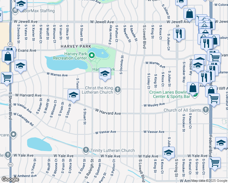 map of restaurants, bars, coffee shops, grocery stores, and more near in Denver