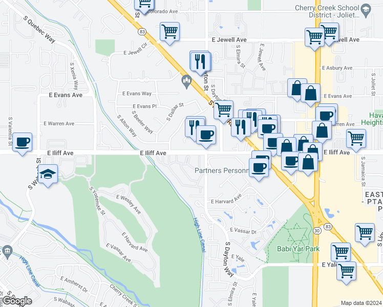 map of restaurants, bars, coffee shops, grocery stores, and more near 9608 East Iliff Avenue in Denver