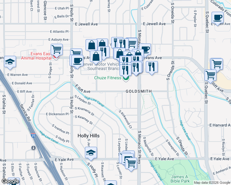 map of restaurants, bars, coffee shops, grocery stores, and more near 6198 East Iliff Avenue in Denver