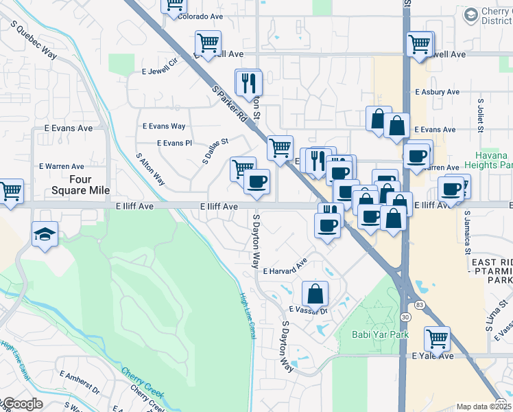 map of restaurants, bars, coffee shops, grocery stores, and more near 1909 South Dayton Way in Denver