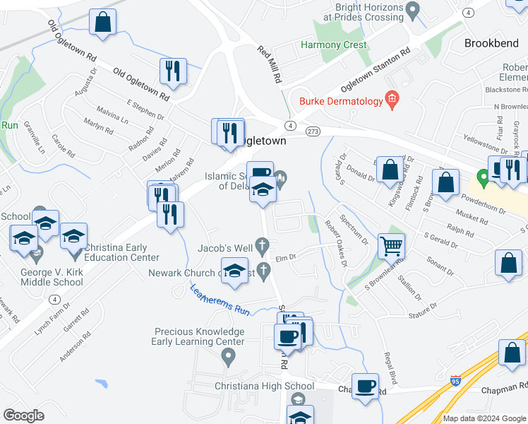 map of restaurants, bars, coffee shops, grocery stores, and more near 36 Salem Church Road in Newark