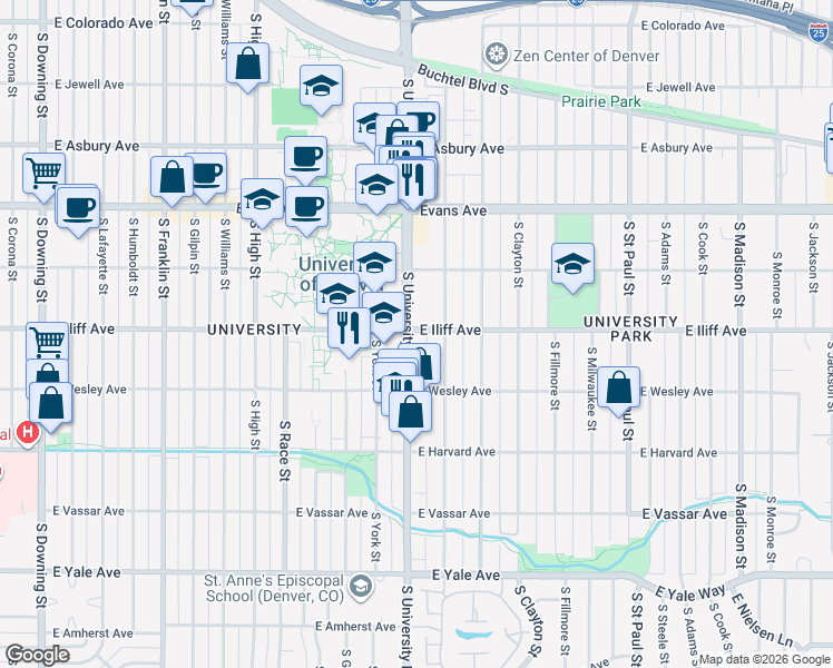 map of restaurants, bars, coffee shops, grocery stores, and more near in Denver