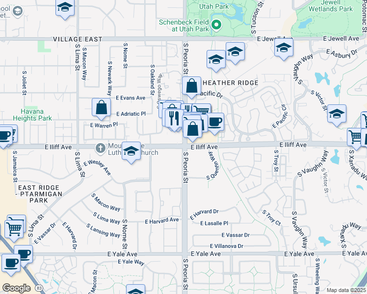 map of restaurants, bars, coffee shops, grocery stores, and more near E Iliff Ave & S Peoria St in Aurora