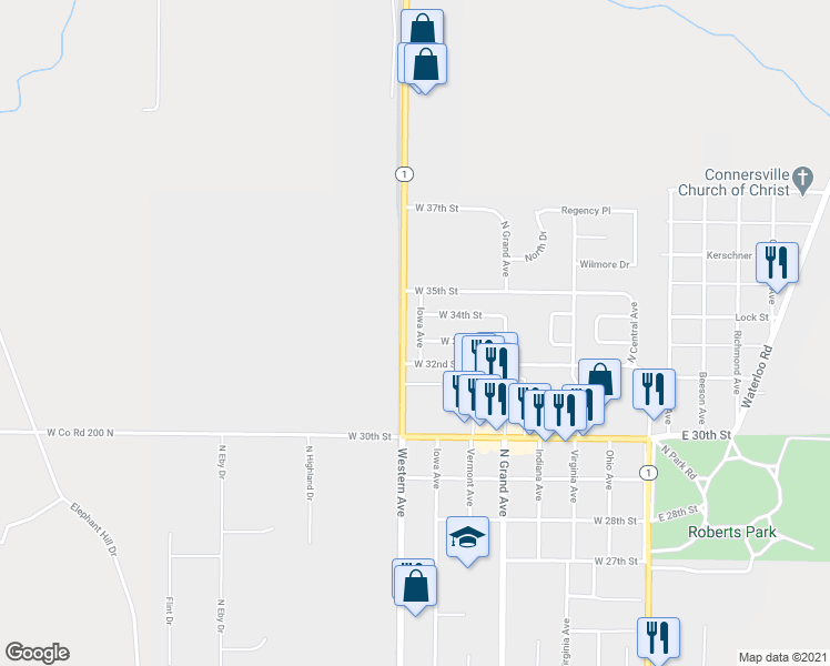 map of restaurants, bars, coffee shops, grocery stores, and more near 3305 Iowa Avenue in Connersville