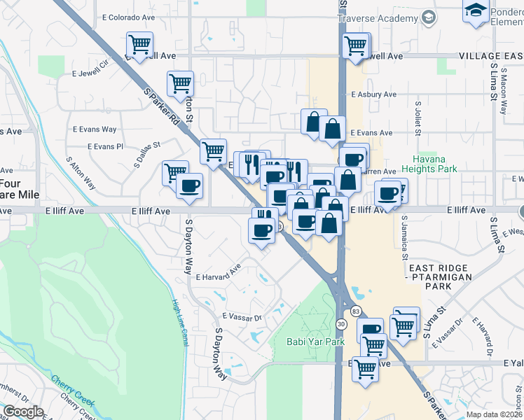 map of restaurants, bars, coffee shops, grocery stores, and more near E Iliff Ave & Parker Rd in Aurora