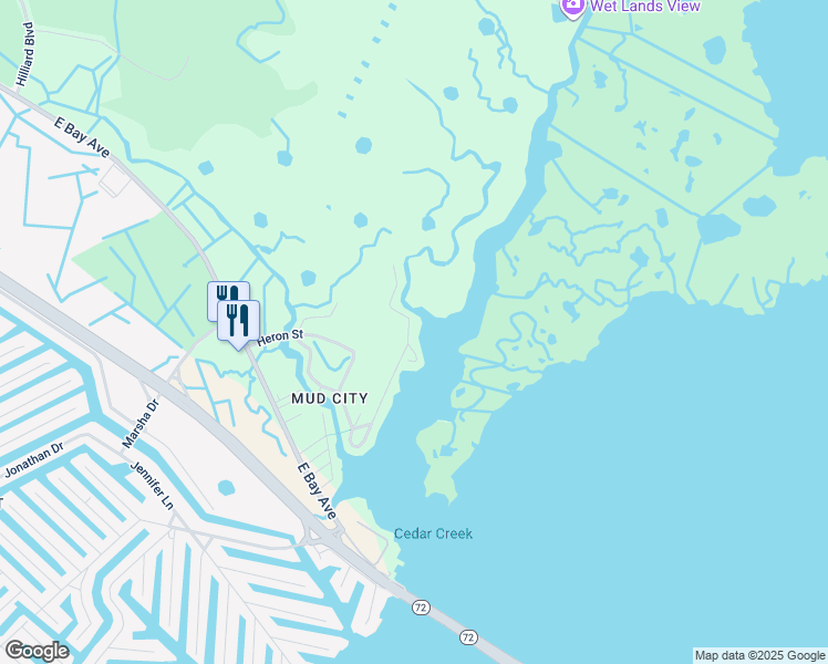 map of restaurants, bars, coffee shops, grocery stores, and more near 1425 East Mallard Drive in Stafford Township
