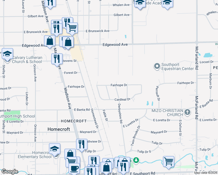 map of restaurants, bars, coffee shops, grocery stores, and more near 6335 Brookdale Drive in Indianapolis