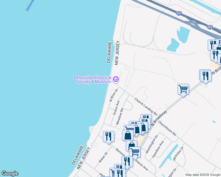 map of restaurants, bars, coffee shops, grocery stores, and more near 291 North River Drive in Pennsville Township
