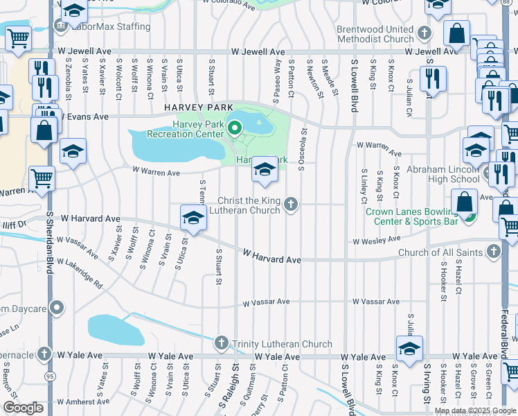 map of restaurants, bars, coffee shops, grocery stores, and more near 2300 South Quitman Street in Denver