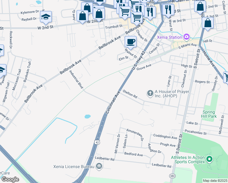 map of restaurants, bars, coffee shops, grocery stores, and more near 858 Cincinnati Avenue in Xenia