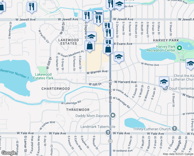 map of restaurants, bars, coffee shops, grocery stores, and more near 5401 West Iliff Drive in Lakewood