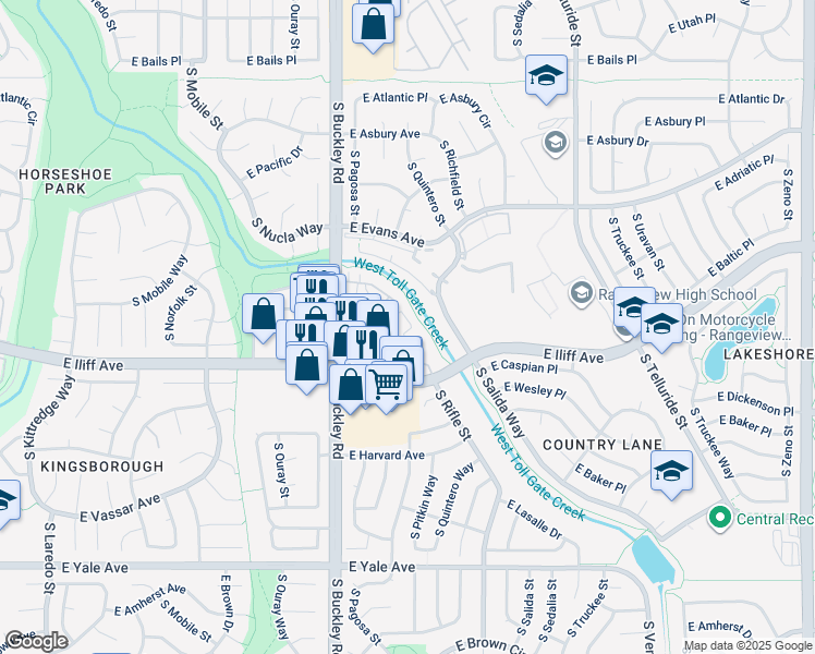 map of restaurants, bars, coffee shops, grocery stores, and more near 2244 South Pitkin Way in Aurora