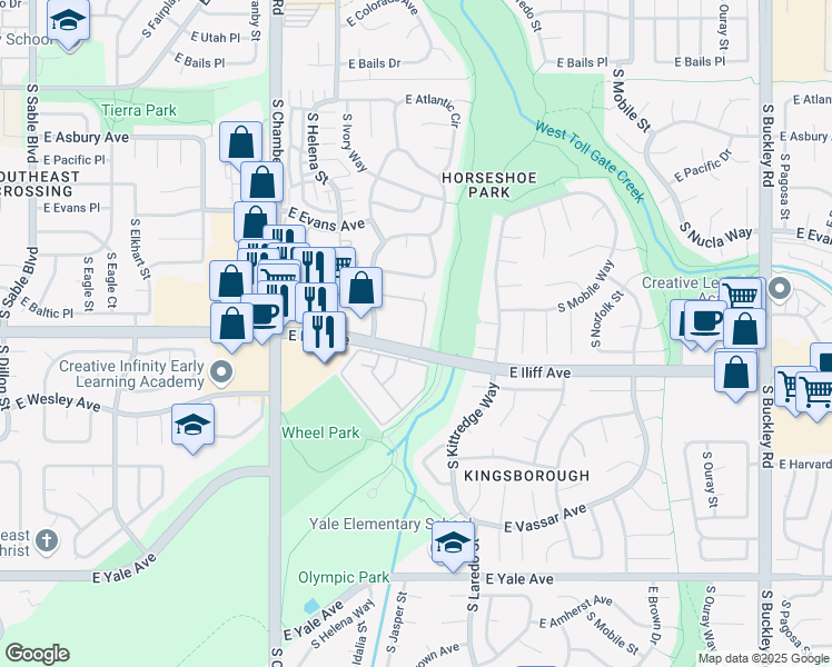 map of restaurants, bars, coffee shops, grocery stores, and more near in Aurora