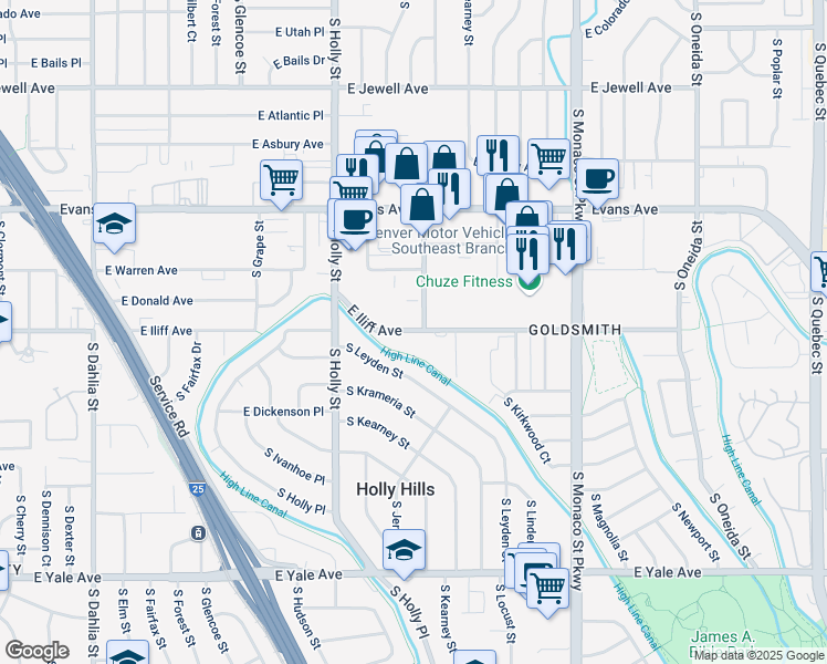 map of restaurants, bars, coffee shops, grocery stores, and more near 5905 East Iliff Avenue in Denver