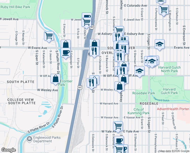 map of restaurants, bars, coffee shops, grocery stores, and more near 2293 South Delaware Street in Denver