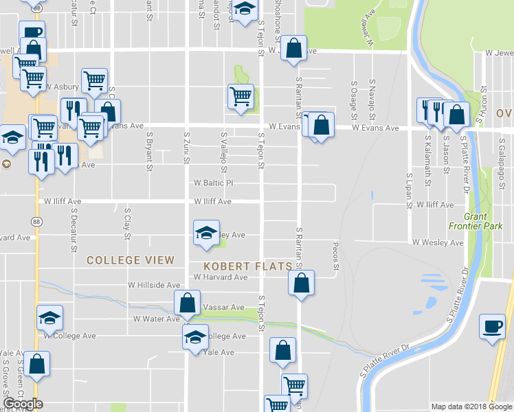 map of restaurants, bars, coffee shops, grocery stores, and more near 2077 West Iliff Avenue in Englewood