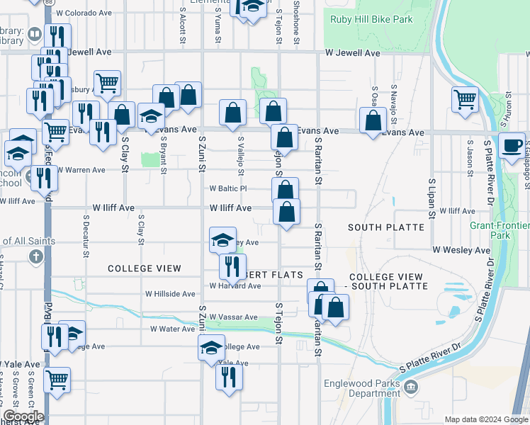 map of restaurants, bars, coffee shops, grocery stores, and more near 2077 West Iliff Avenue in Englewood