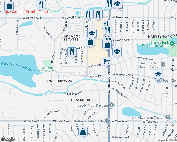 map of restaurants, bars, coffee shops, grocery stores, and more near 2286 South Depew Street in Lakewood