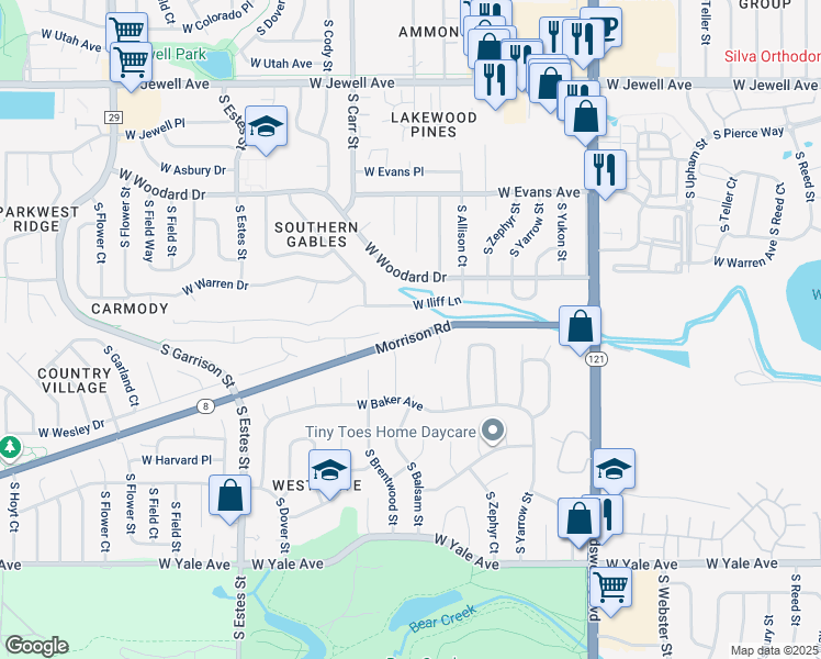 map of restaurants, bars, coffee shops, grocery stores, and more near 8085 Morrison Road in Lakewood