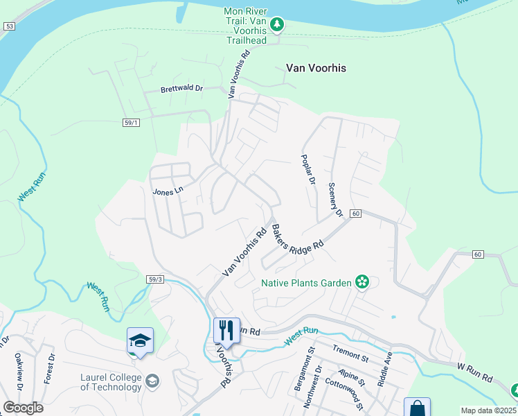 map of restaurants, bars, coffee shops, grocery stores, and more near in Monongalia County