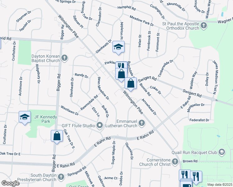 map of restaurants, bars, coffee shops, grocery stores, and more near 4701 Wilmington Pike in Dayton