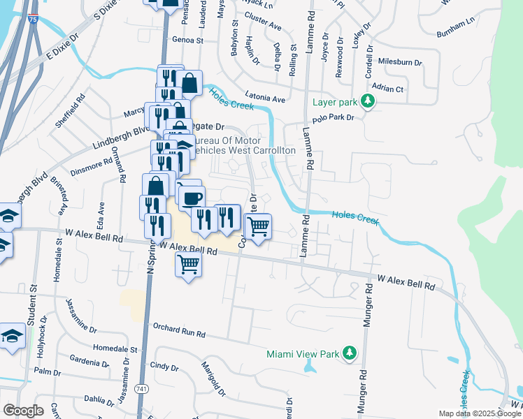 map of restaurants, bars, coffee shops, grocery stores, and more near 5285 Cobblegate Drive in Moraine
