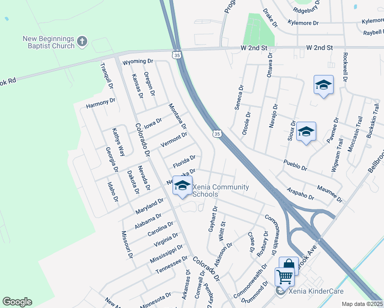map of restaurants, bars, coffee shops, grocery stores, and more near 578 Montana Drive in Xenia