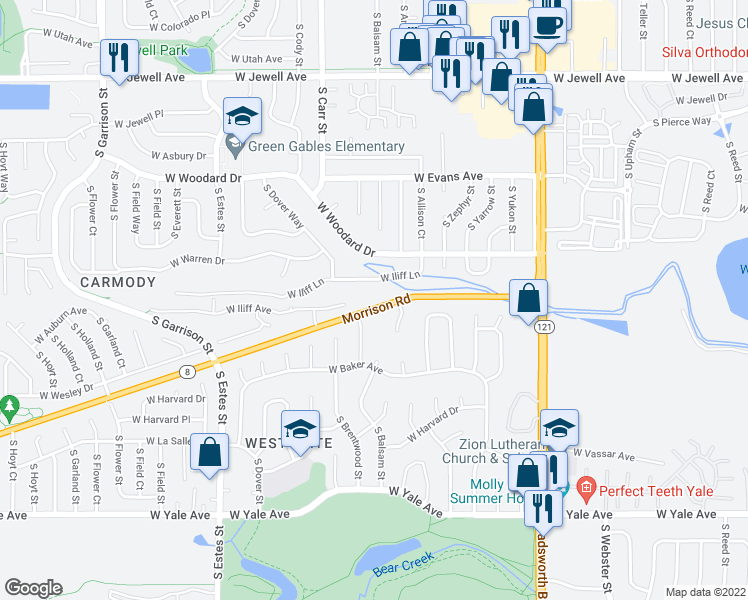 map of restaurants, bars, coffee shops, grocery stores, and more near 8085 Morrison Road in Lakewood