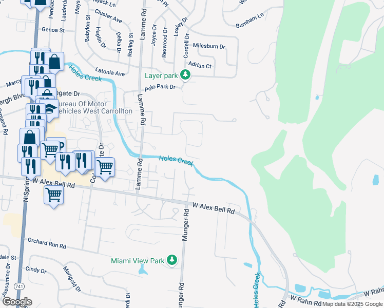 map of restaurants, bars, coffee shops, grocery stores, and more near 5370 Mallet Club Drive in Dayton