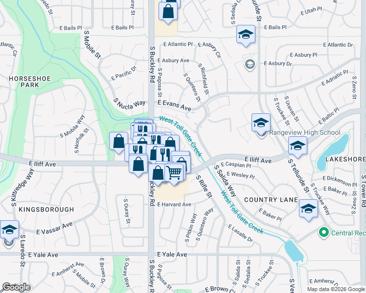 map of restaurants, bars, coffee shops, grocery stores, and more near 2244 South Pitkin Way in Aurora