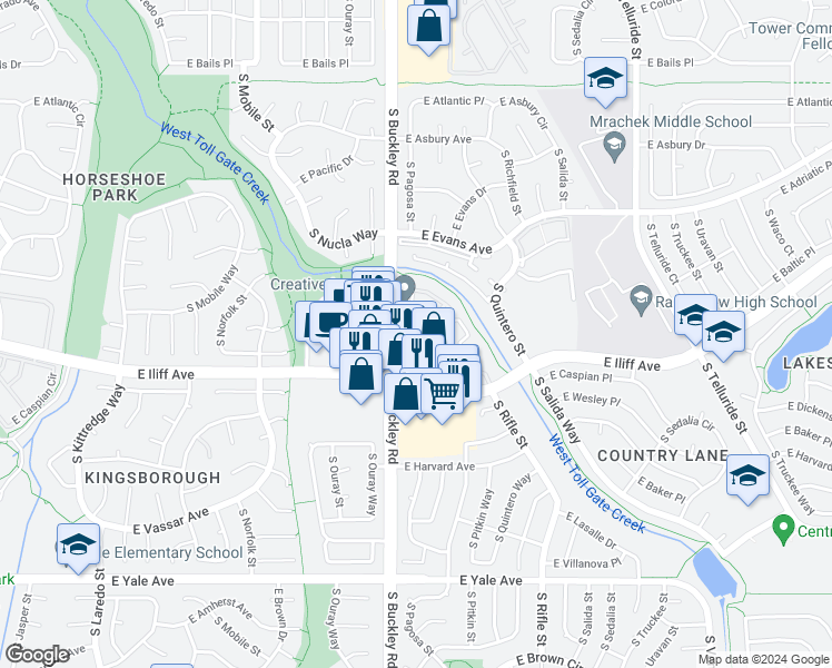 map of restaurants, bars, coffee shops, grocery stores, and more near 2200 South Buckley Road in Aurora