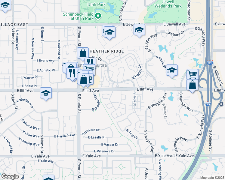 map of restaurants, bars, coffee shops, grocery stores, and more near E Iliff Ave & S Revere St in Aurora