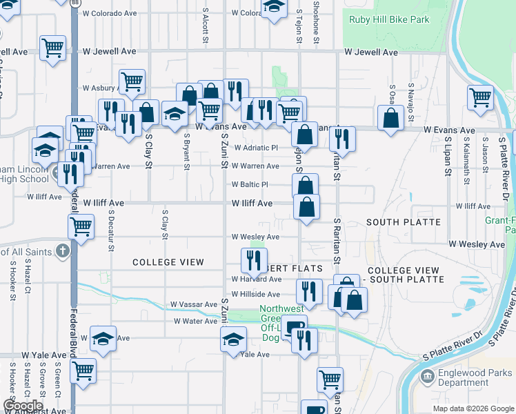 map of restaurants, bars, coffee shops, grocery stores, and more near 2238 West Iliff Avenue in Englewood