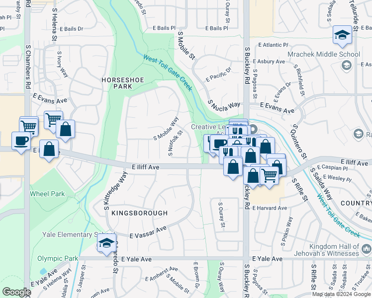 map of restaurants, bars, coffee shops, grocery stores, and more near 16540 East Baltic Place in Aurora