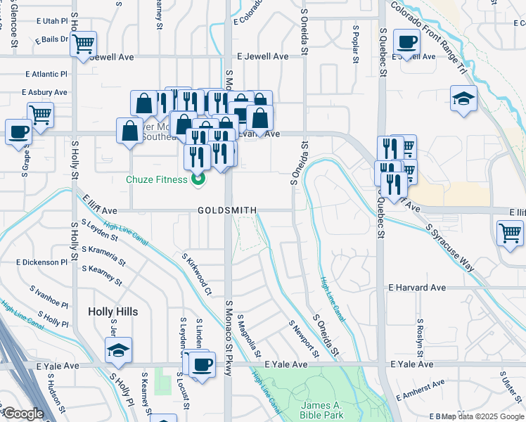 map of restaurants, bars, coffee shops, grocery stores, and more near 6810 East Iliff Avenue in Denver