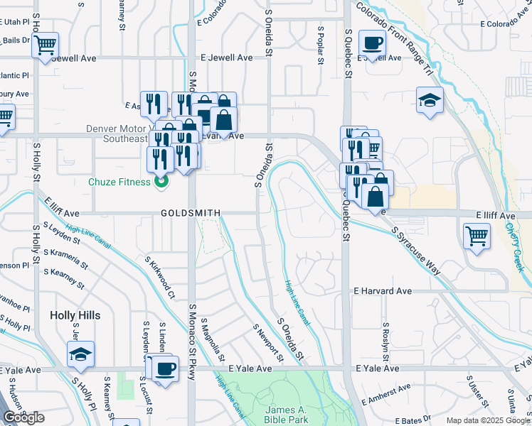 map of restaurants, bars, coffee shops, grocery stores, and more near 2302 South Oneida Street in Denver