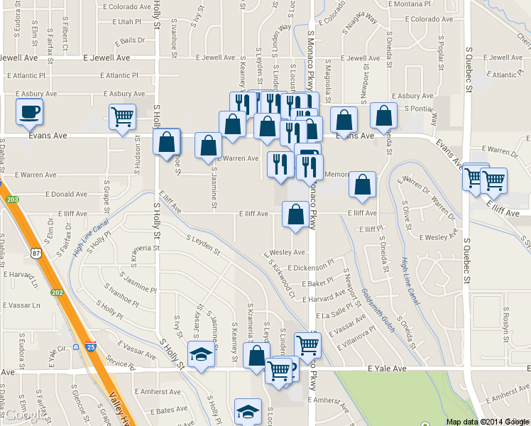 map of restaurants, bars, coffee shops, grocery stores, and more near 6198 East Iliff Avenue in Denver