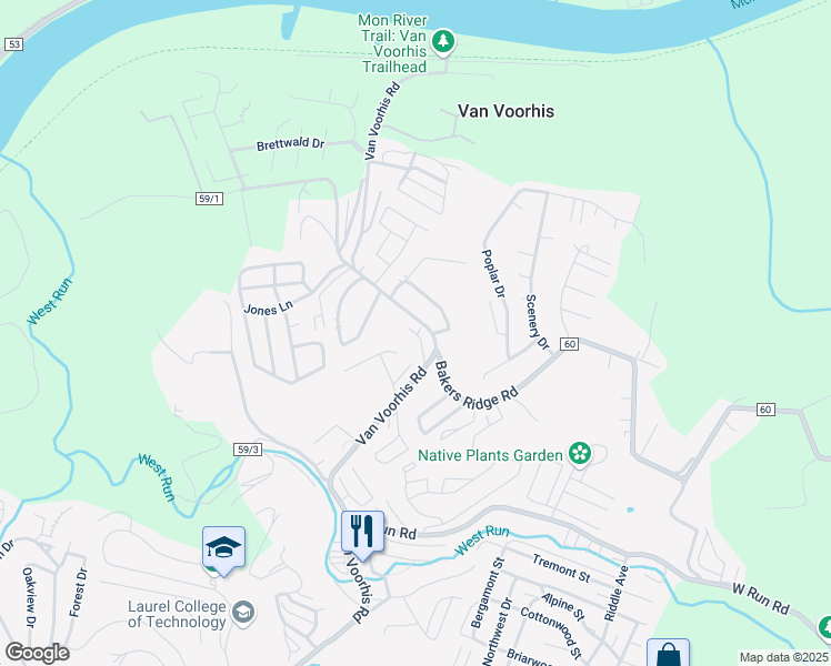 map of restaurants, bars, coffee shops, grocery stores, and more near in Monongalia County