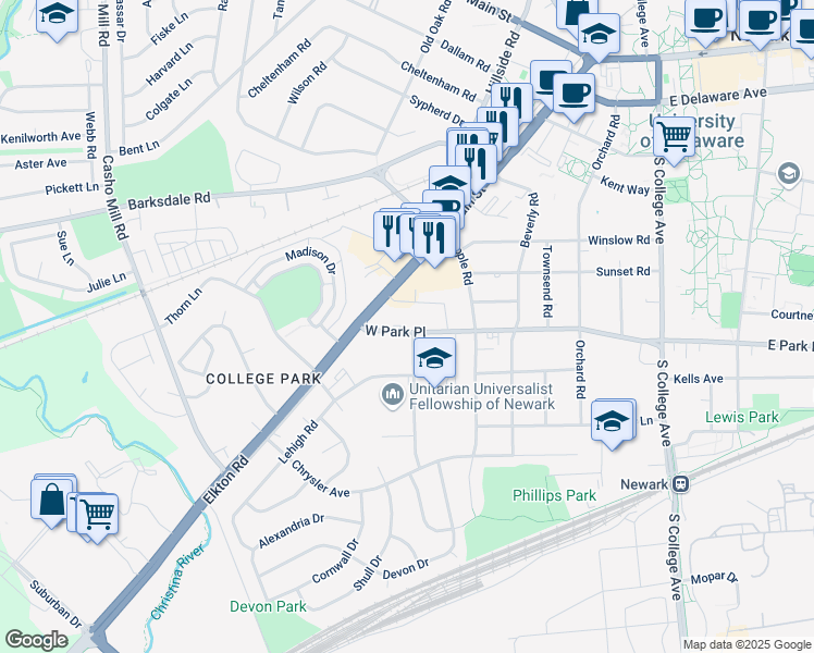 map of restaurants, bars, coffee shops, grocery stores, and more near 216 West Park Place in Newark