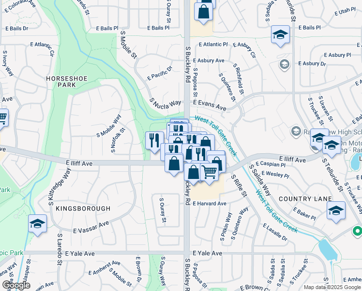 map of restaurants, bars, coffee shops, grocery stores, and more near 16883 East Iliff Avenue in Aurora