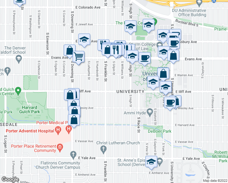 map of restaurants, bars, coffee shops, grocery stores, and more near E Iliff Ave & S Gilpin St in Denver