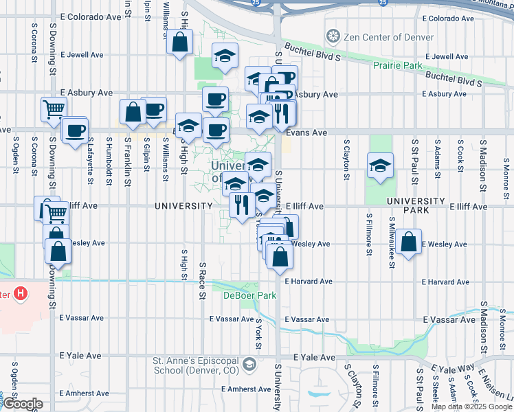 map of restaurants, bars, coffee shops, grocery stores, and more near 2323 East Iliff Avenue in Denver