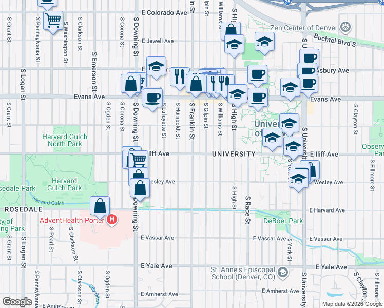 map of restaurants, bars, coffee shops, grocery stores, and more near E Iliff Ave & S Franklin St in Denver