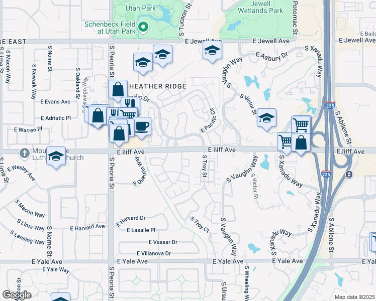 map of restaurants, bars, coffee shops, grocery stores, and more near I-225 East Iliff Avenue in Aurora